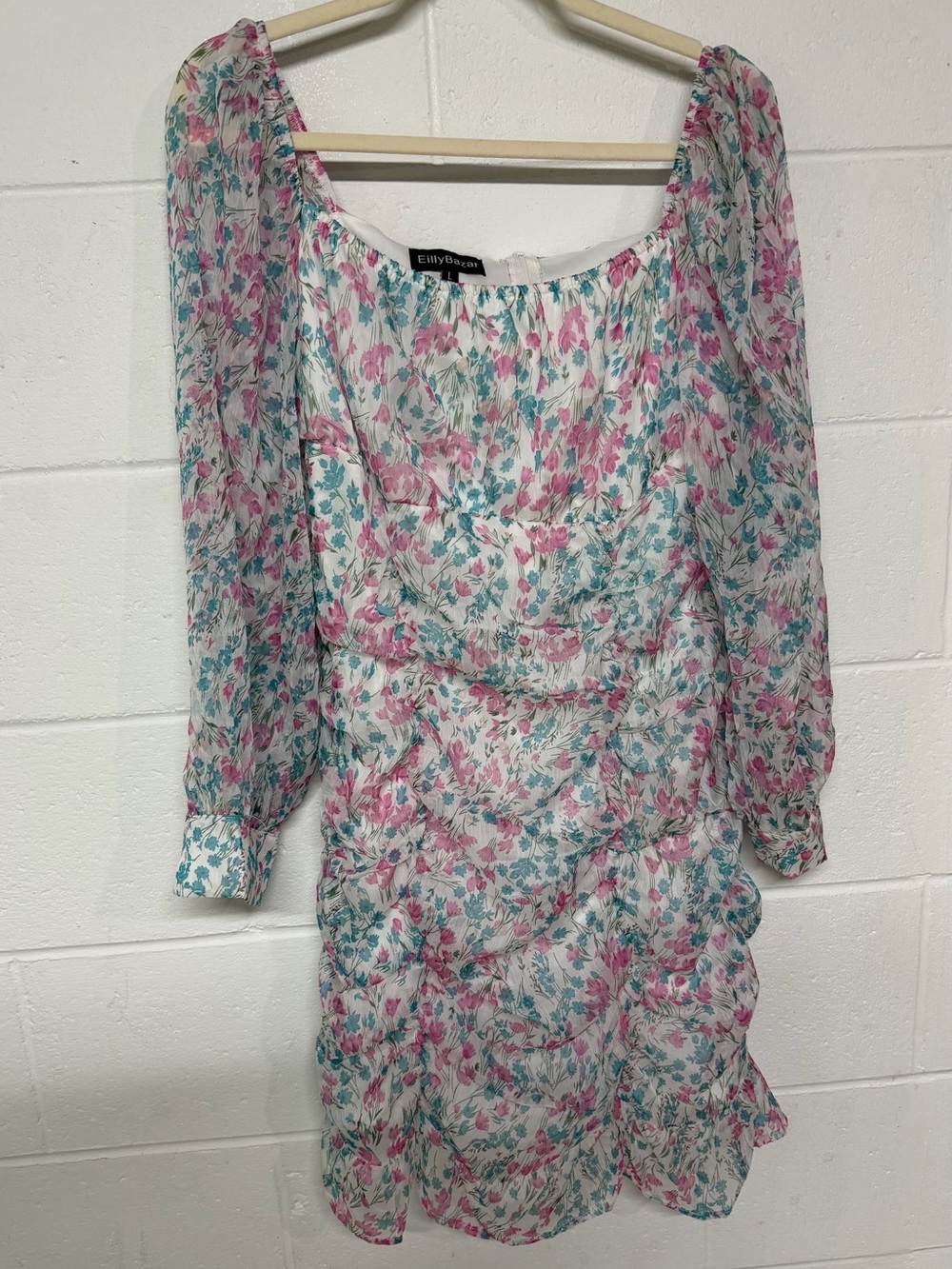 Elly Bloom Floral Puff-Sleeve Mini Dress in Pink & Teal